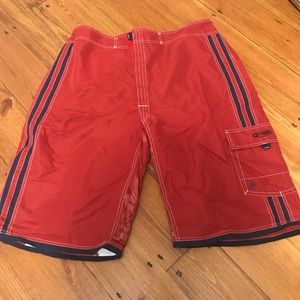 Men’s red swim style cargo shorts. Size 38
